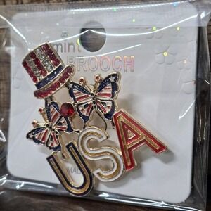 Golden Toned, Mint Colorful Crystal Butterflies & USA Brooch